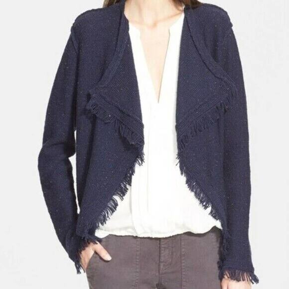 Joie Nalah Fringe Drape Open Knit Cardigan in Navy Blue Confetti Size XS - Picture 6 of 6